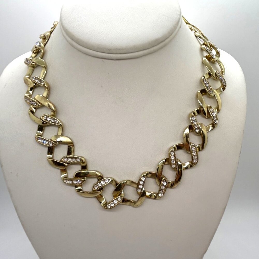 Vintage Gold Tone Chunky Curb Link Necklace Rhinestone Choker Statement Collar